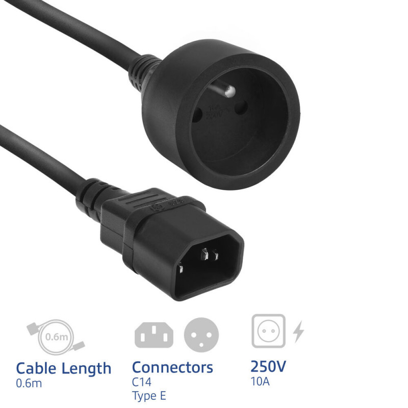 Cable de alimentación ACT C14 IEC 60320 - conector hembra tipo E (corriente máx. 10A) negro 0,6 m (AK5386)