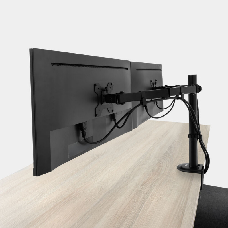 ACT AC8362 Brazo doble para monitores de 32 pulgadas, gas, pinza y pasacables de mesa, negro