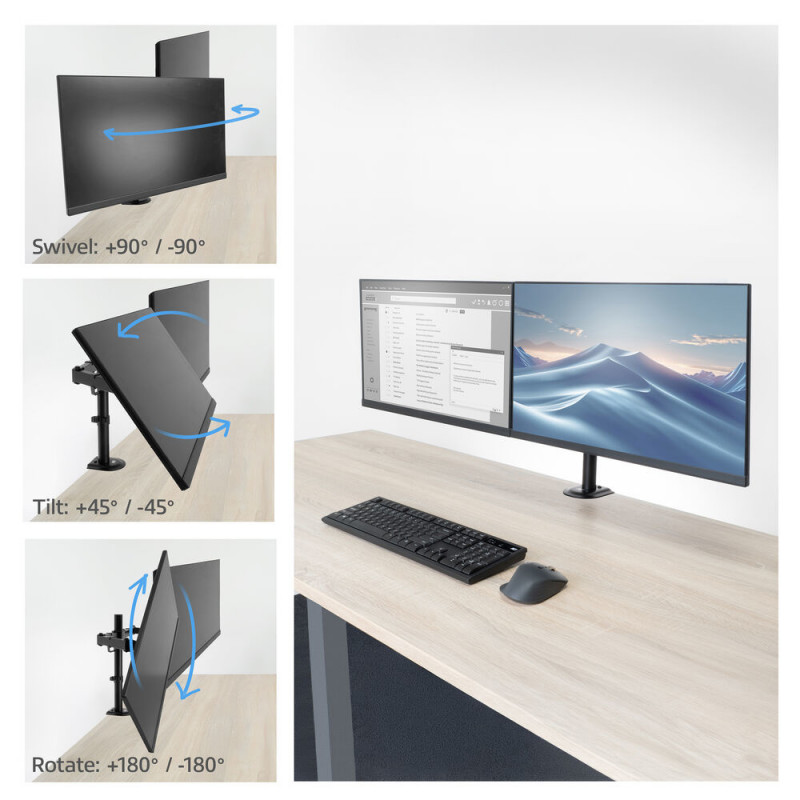 ACT AC8362 Brazo doble para monitores de 32 pulgadas, gas, pinza y pasacables de mesa, negro
