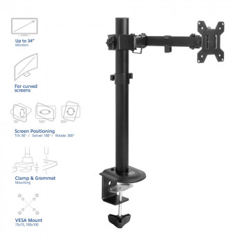 ACT AC8361 Brazo para monitores de 17-34 pulgadas, gas, pinza y pasacables de mesa, VESA 75/100, negro