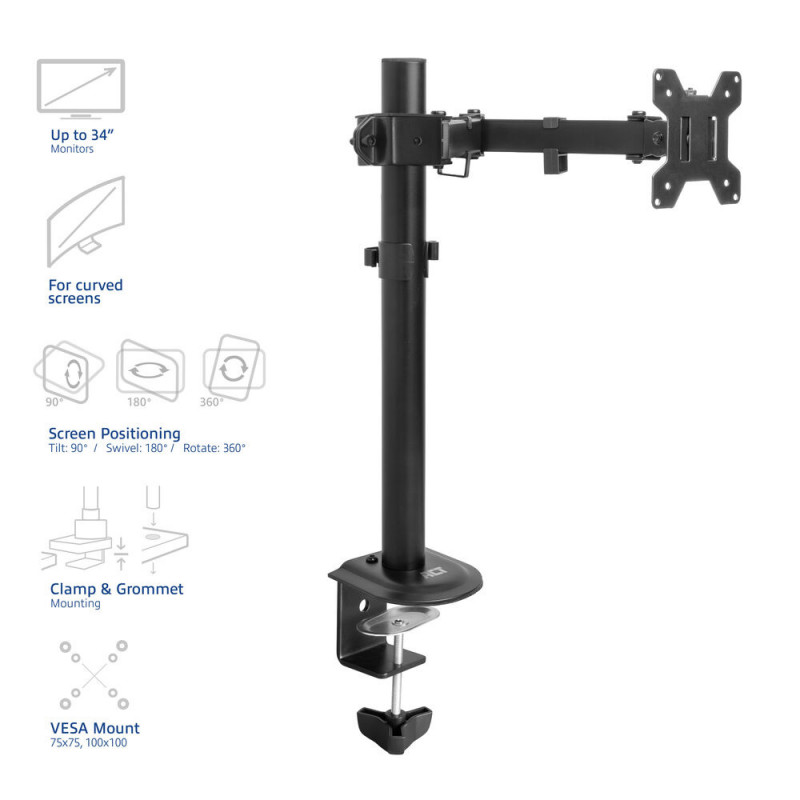 ACT AC8361 Brazo para monitores de 17-34 pulgadas, gas, pinza y pasacables de mesa, VESA 75/100, negro