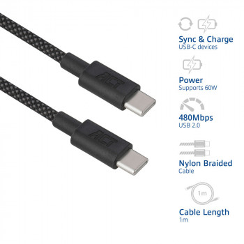 ACT Cable de carga/datos USB 2.0 60W USB-C a USB-C, negro, 1 metro (AC3082)
