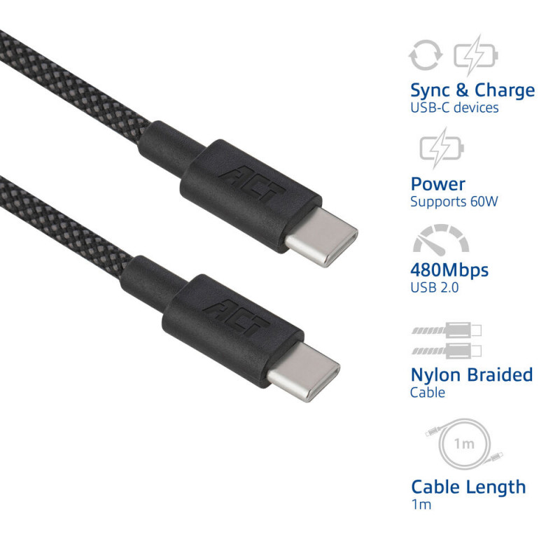 ACT Cable de carga/datos USB 2.0 60W USB-C a USB-C, negro, 1 metro (AC3082)