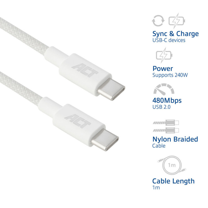 ACT Cable de carga/datos USB 2.0 240W USB-C a USB-C, blanco, 1 m (AC3084)