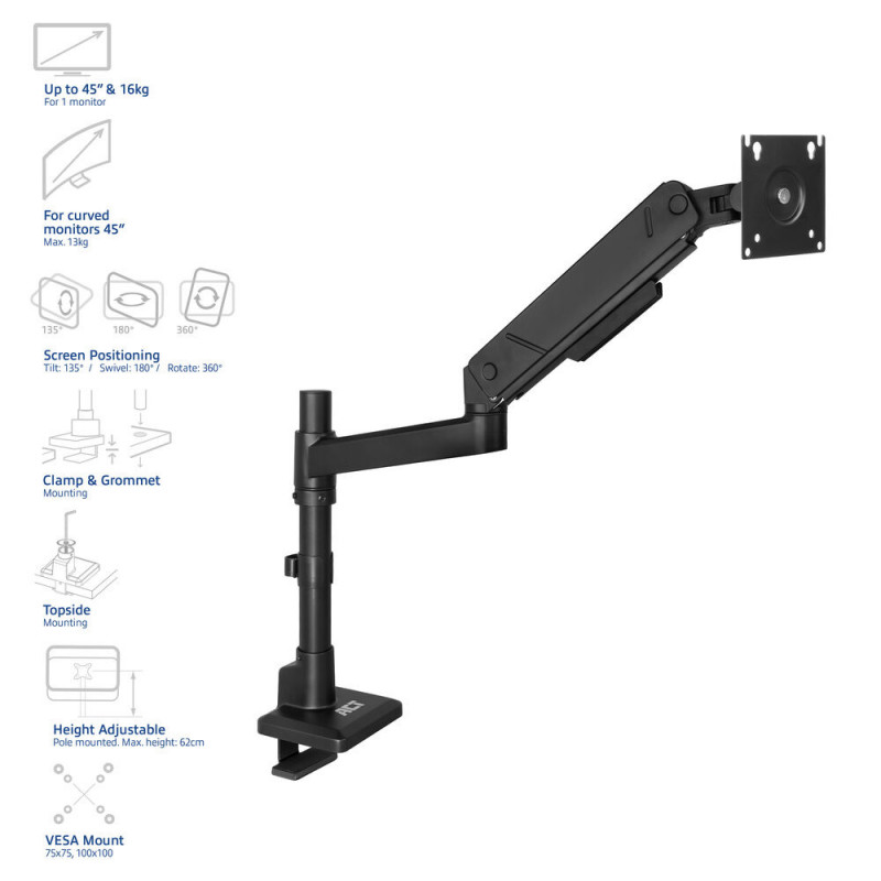 ACT Brazo para monitor 45 pulgadas Office Solid Pro montaje en barra con gas 1 monitor (AC8329)