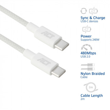 ACT Cable de carga/datos USB 2.0 240W USB-C a USB-C, blanco, 2 m (AC3085)