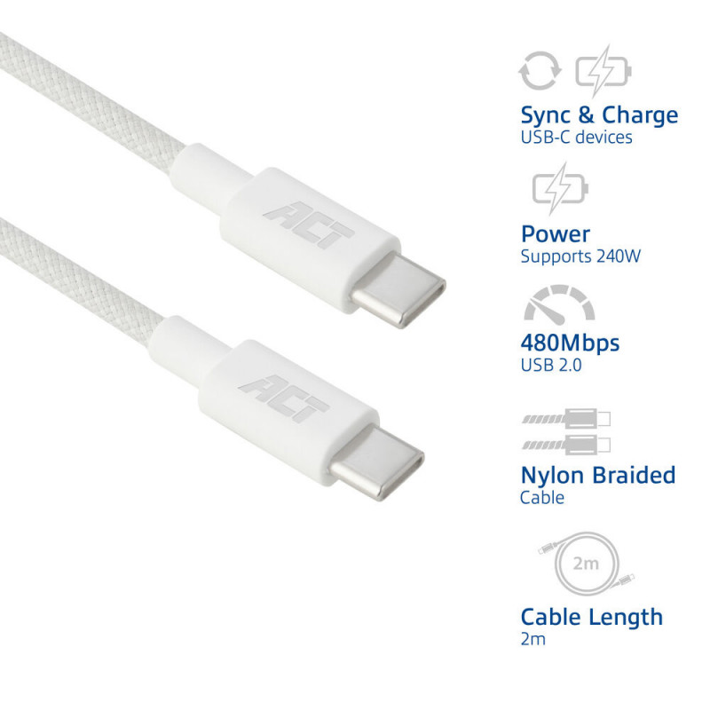 ACT Cable de carga/datos USB 2.0 240W USB-C a USB-C, blanco, 2 m (AC3085)