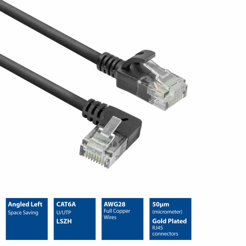 ACT DC1901 Cable de red CAT6A U/UTP LSZH Slimline de 1 m, RJ45 acodado 90° izquierda a recto, negro
