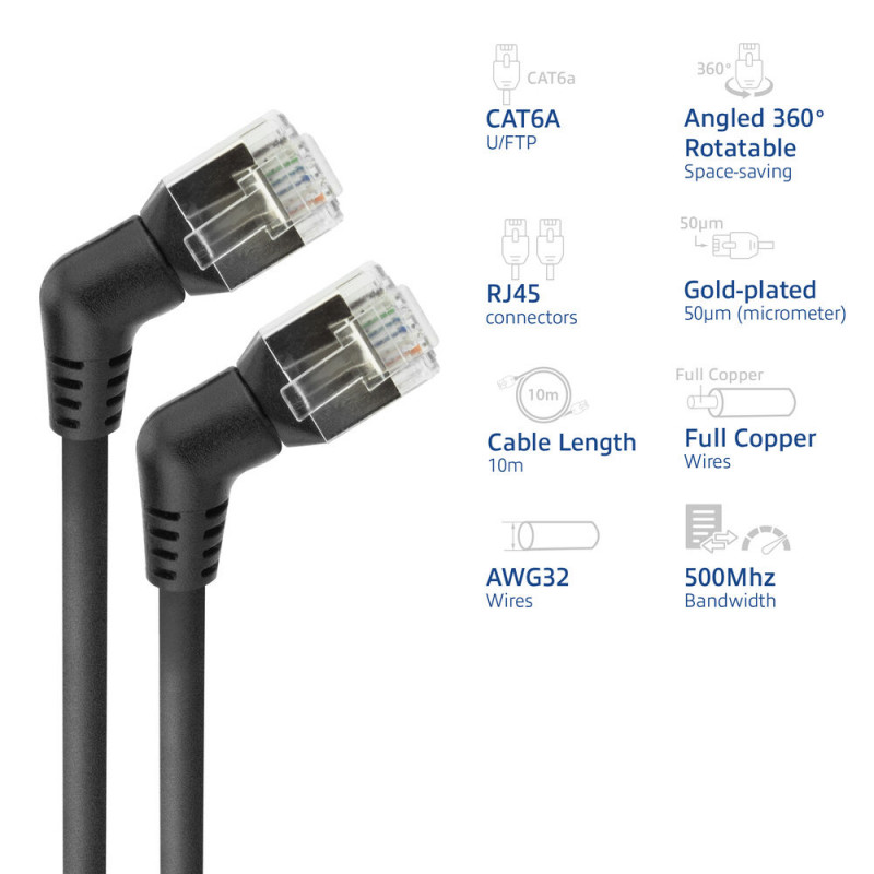 ACT DD1910 Cable de red Slim CAT6A U/FTP, 10 m, negro, RJ45 giratorio 360° acodado
