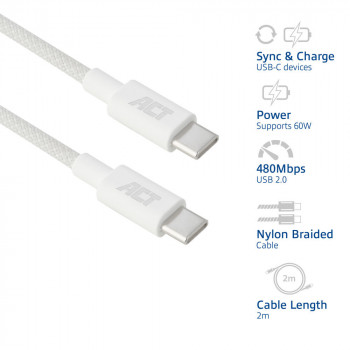 ACT Cable de carga/datos USB 2.0 60W USB-C a USB-C, blanco, 2 m (AC3081)