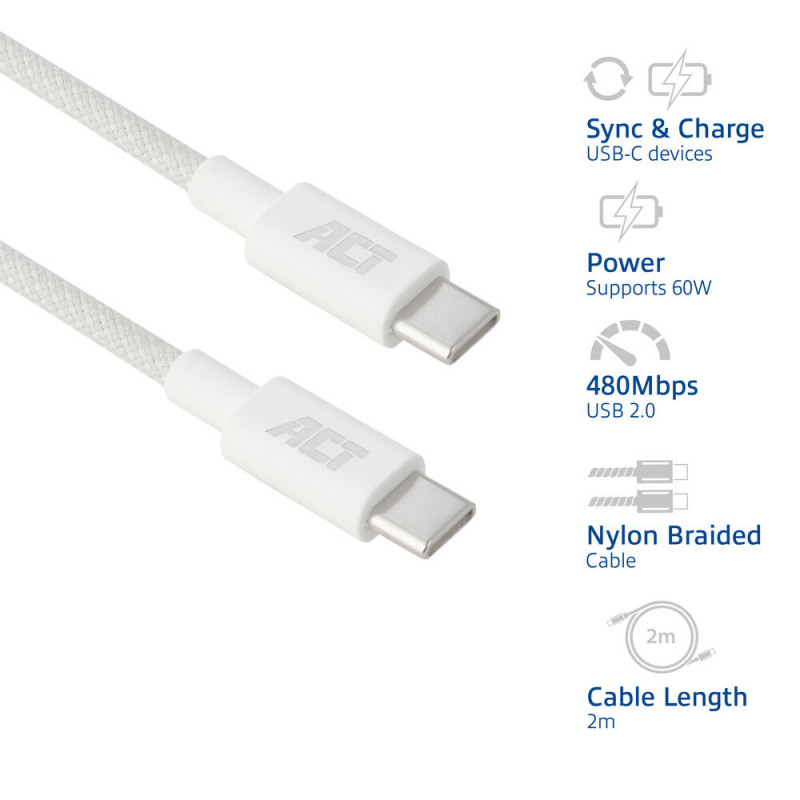 ACT Cable de carga/datos USB 2.0 60W USB-C a USB-C, blanco, 2 m (AC3081)