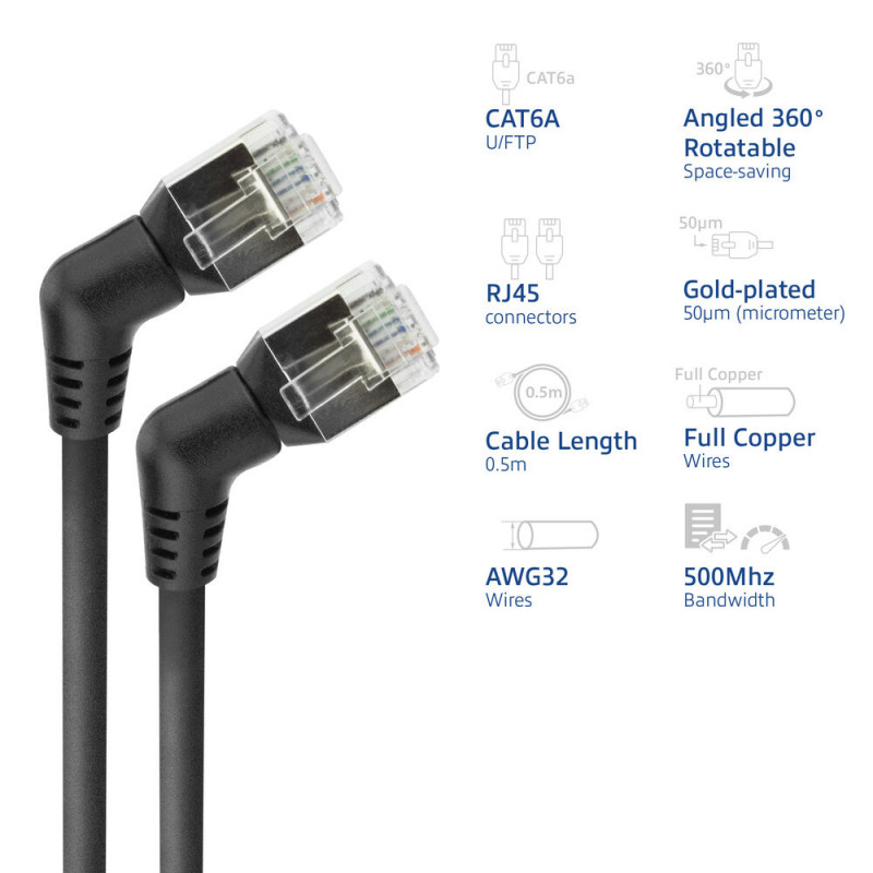 ACT DD1900 Cable de red slimline U/FTP CAT6A negro de 0,5 m con conectores macho RJ45 giratorios de 360° en ángulo