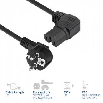 ACT AK5349 Cable de alimentación con conector macho Schuko CEE 7/7 en ángulo a conector hembra IEC C15 en ángulo a la derecha de 1 m negro
