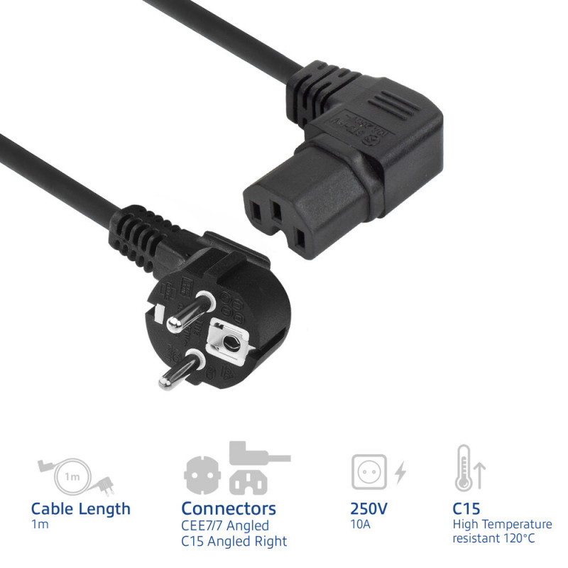 ACT AK5349 Cable de alimentación con conector macho Schuko CEE 7/7 en ángulo a conector hembra IEC C15 en ángulo a la derecha de 1 m negro