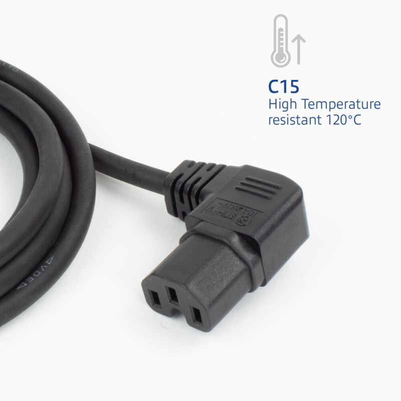 ACT AK5349 Cable de alimentación con conector macho Schuko CEE 7/7 en ángulo a conector hembra IEC C15 en ángulo a la derecha de 1 m negro