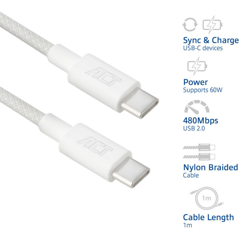 ACT USB 2.0 60W cable de carga/datos USB-C a USB-C, blanco, 1 m (AC3080)