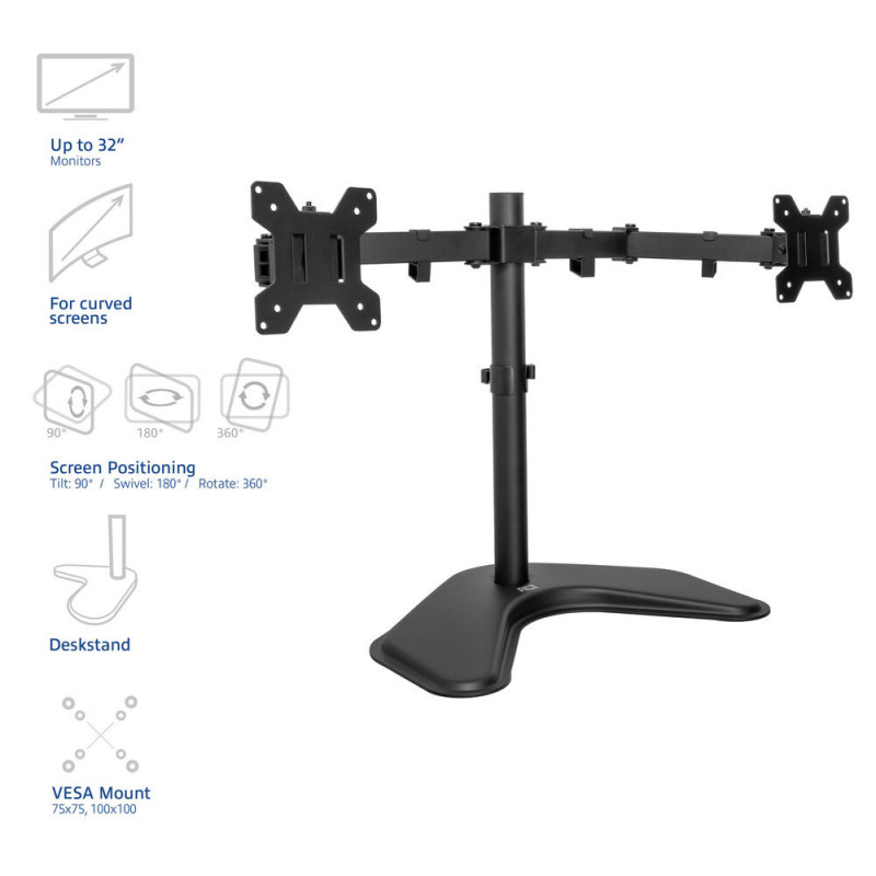 ACT AC8363 Soporte de sobremesa para doble monitor para 2 pantallas de hasta 32 inch - montaje con abrazadera y pasacables, VESA 75/100, 8 kg por brazo, negro
