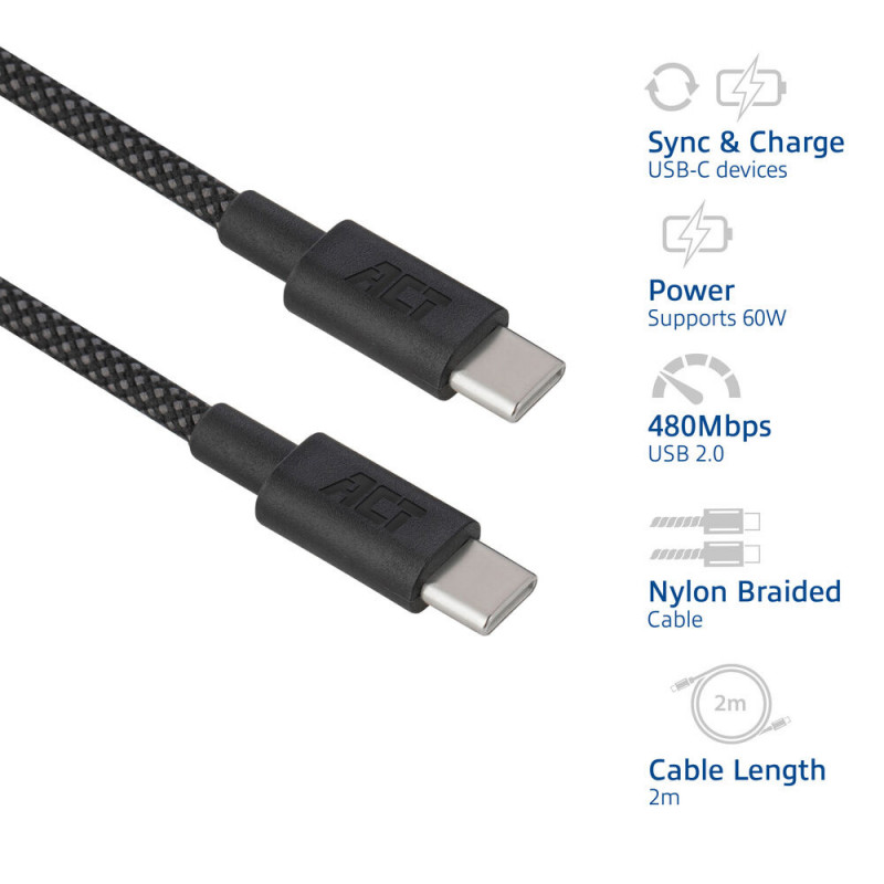 ACT USB 2.0 60W cable de carga/datos USB-C a USB-C, negro, 2m (AC3083)