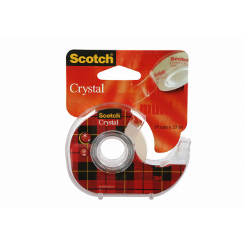 3M Scotch Crystal Clear Cinta adhesiva con dispensador manual, 19 mm x 15 m, transparente, ligera y silenciosa, 1 rollo 6-1915D