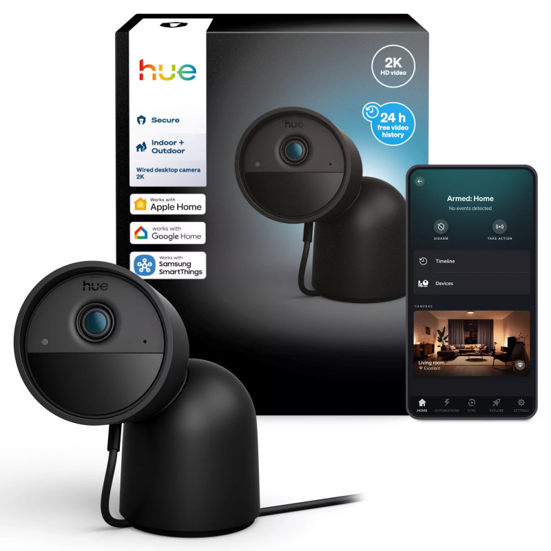 Philips Hue Secure cámara con cable con base, resolución de vídeo 2K, negra