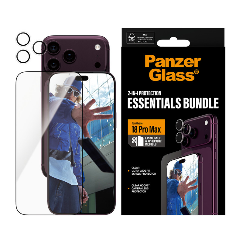 PanzerGlass pack 2 en 1 Essentials protector de pantalla y protección para objetivo de cámara para iPhone 18 Pro Max