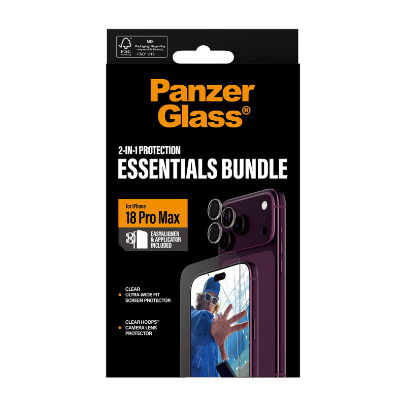 PanzerGlass pack 2 en 1 Essentials protector de pantalla y protección para objetivo de cámara para iPhone 18 Pro Max