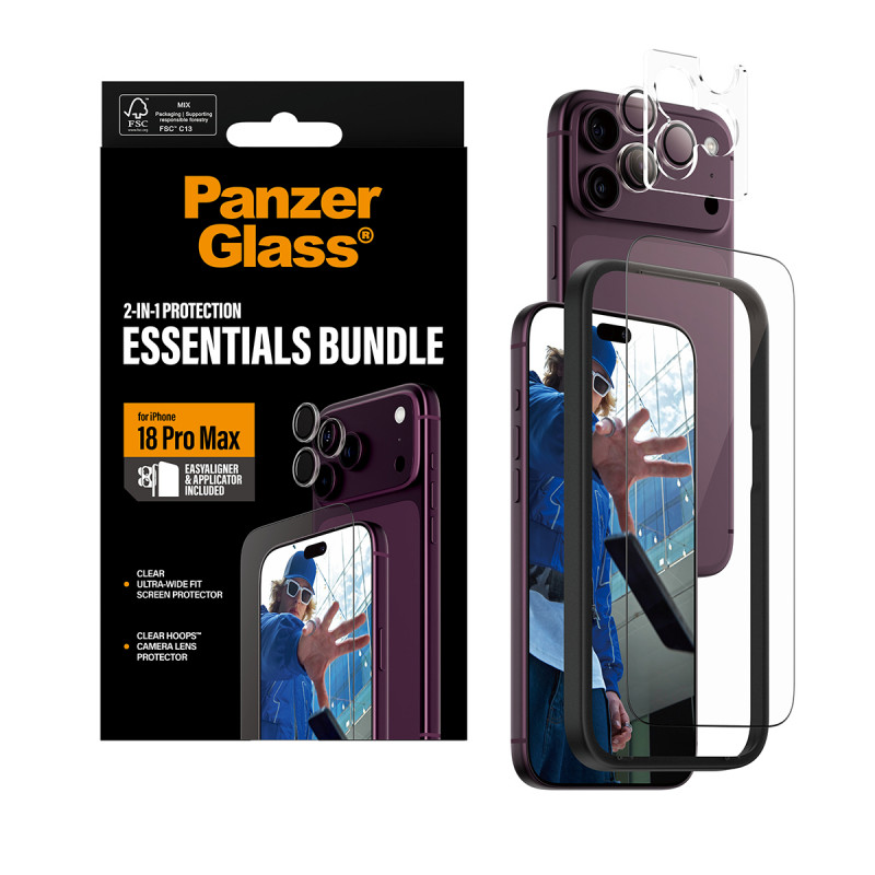 PanzerGlass pack 2 en 1 Essentials protector de pantalla y protección para objetivo de cámara para iPhone 18 Pro Max