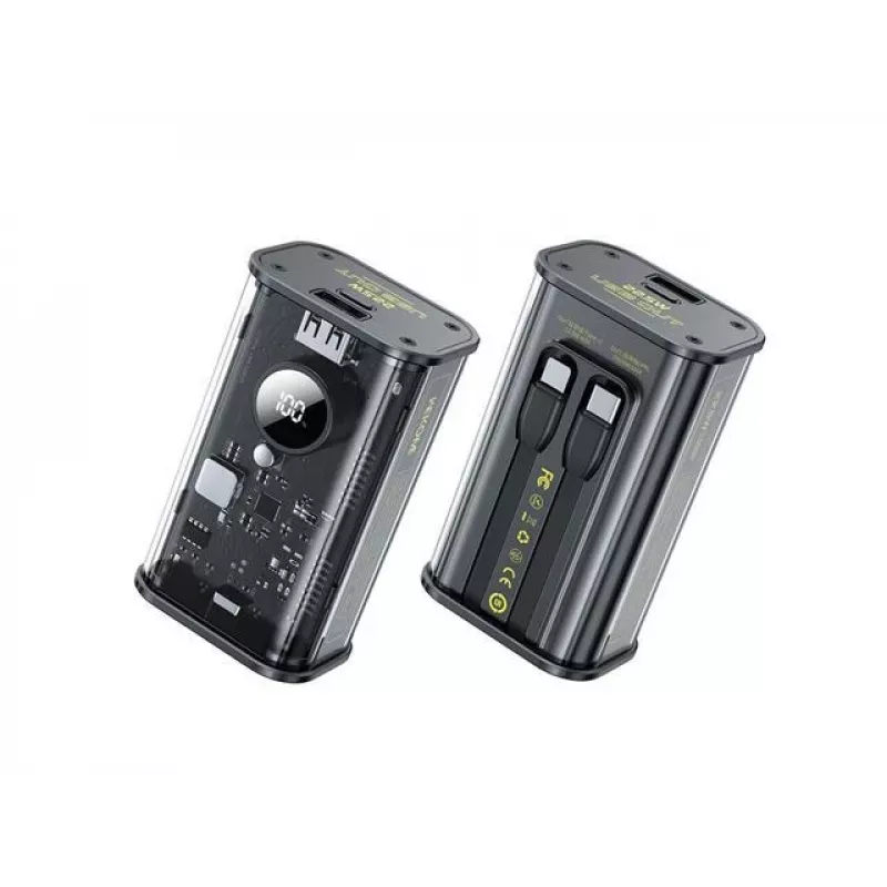 Batería externa WEKOME WK-WP-345 serie Vanguard, 10000 mAh, cable USB-C y Lightning integrado, PD 20 W + QC 22,5 W, negra