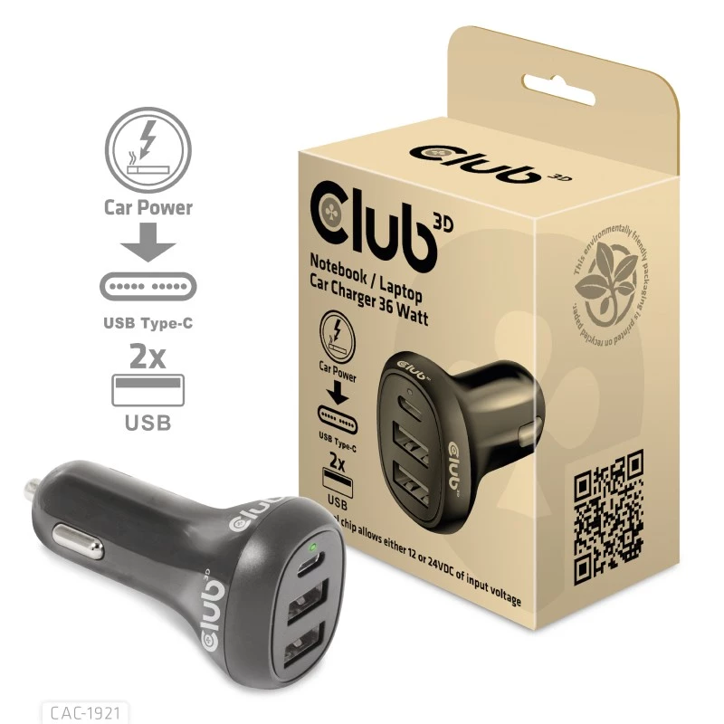 Cargador de coche para portátil CLUB3D 36 vatios, Coche, Mechero, 24 V, Negro