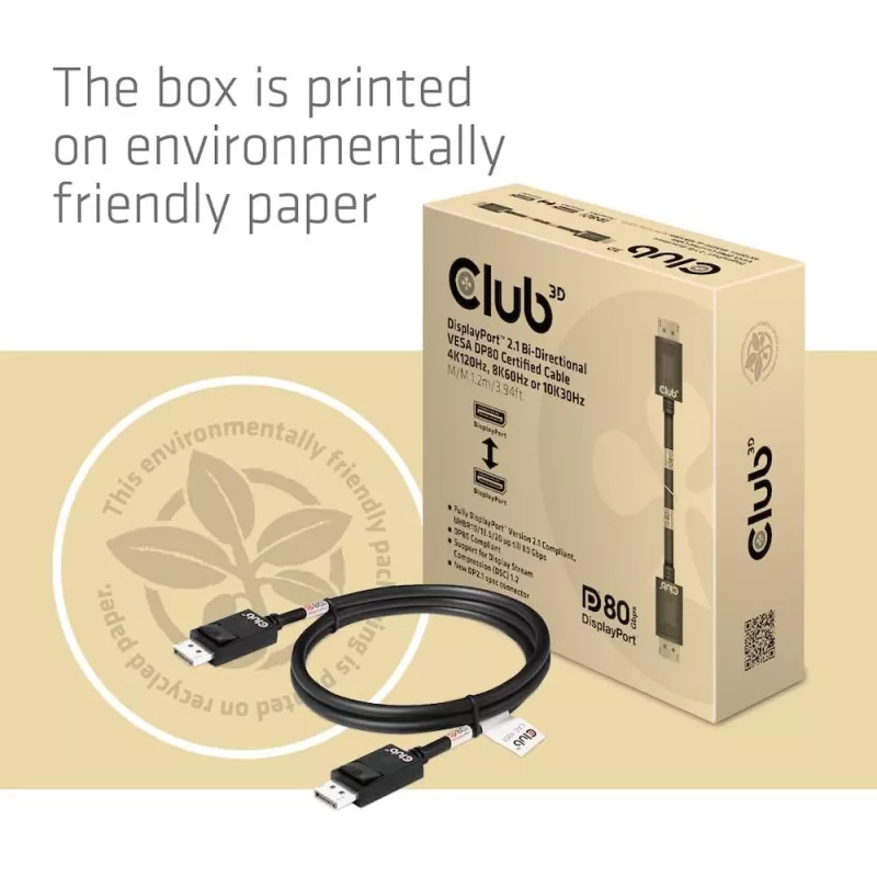 Club 3D CAC-1091 cable DisplayPort 2.1, certificado VESA DP80, bidireccional, 4K120Hz / 8K60Hz / 10K30Hz, macho/macho, 1,2 m