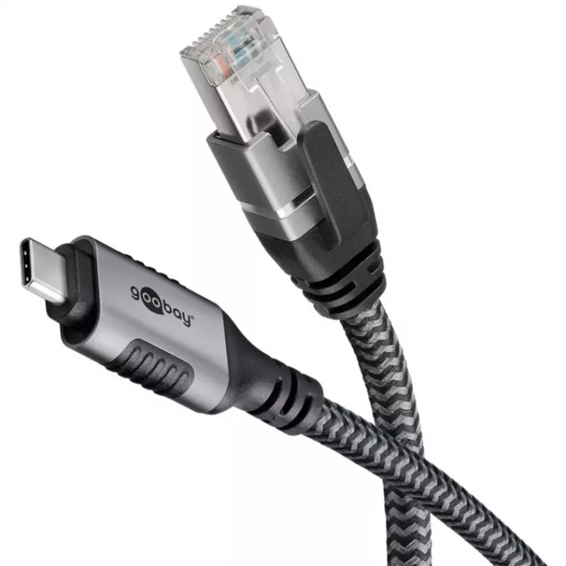Cable Ethernet USB-C 3.2 Gen2 conector macho > conector macho RJ-45, adaptador LAN negro/plata, 2 metros, funda textil trenzada