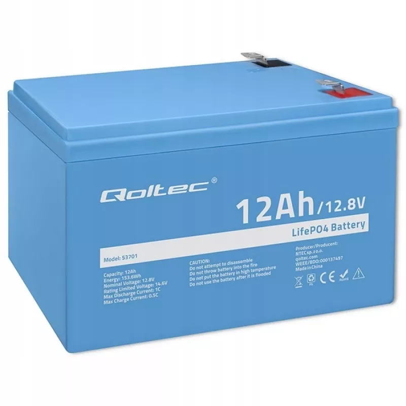 Batería LiFePO4 Litio Hierro Fosfato Qoltec 12,8 V 12 Ah 153,6 Wh con BMS