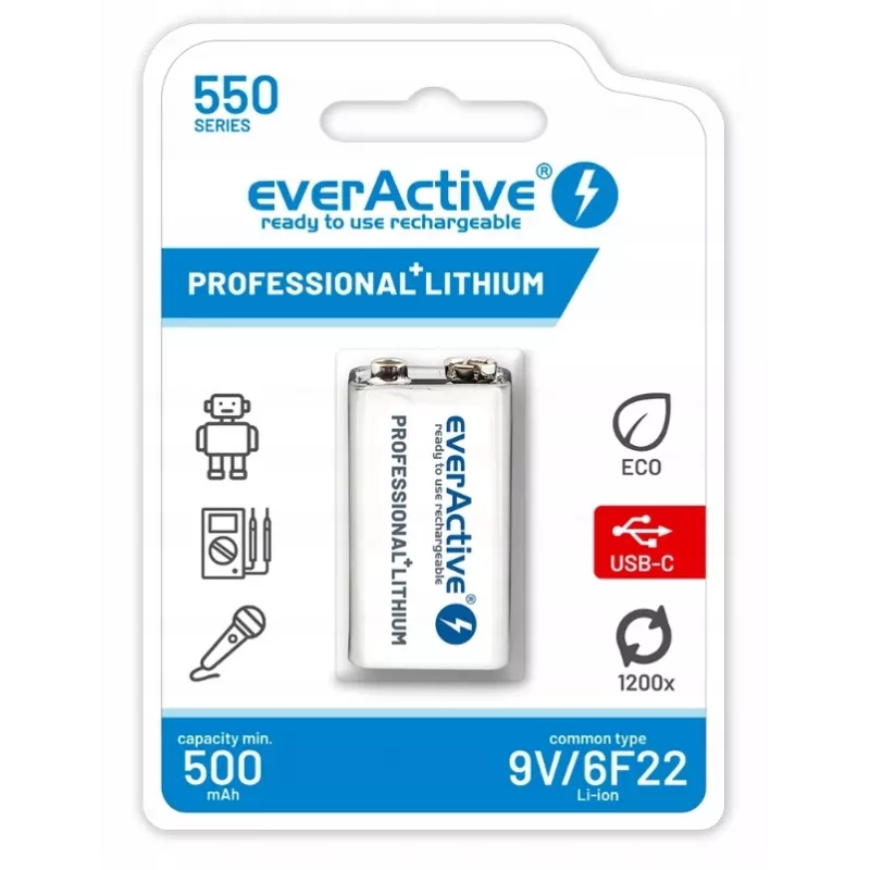 Batería recargable everActive 6F22/9V Li-ion 550 mAh con USB TYPE C