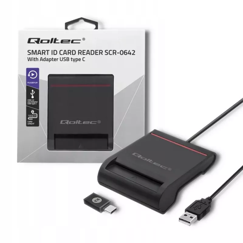 Lector de tarjetas ID QOLTEC Smart-Chip — USB, negro, 84,5×65×16 mm, 63 g