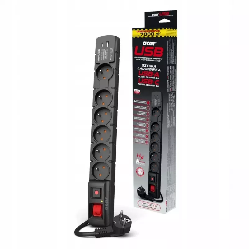 Regleta de enchufes Acar S6 protección contra sobretensiones – 6 tomas, cable de 5 m, negra