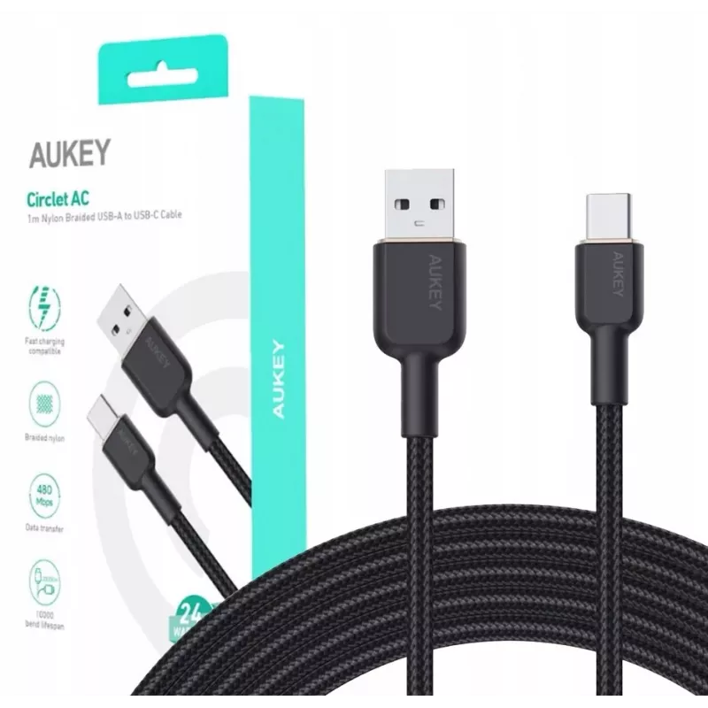 Cable USB-A a USB-C Aukey CB-NAC1, 1 m, nailon trenzado, USB PD 60 W, USB 2.0