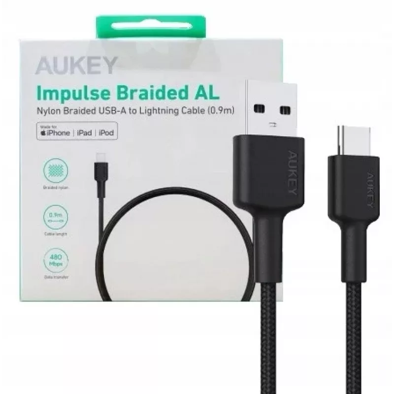 AUKEY CB-CD30 cable de USB-A a USB-C 0,9 m, trenzado de nailon, 60W PD, 3A, negro