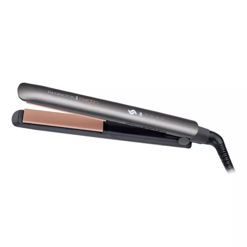 Plancha de pelo Remington S8598 Warm negro gris — placas de cerámica 11 cm, 5 niveles de calor, 160–230 °C, cable de 3 m, funda de transporte
