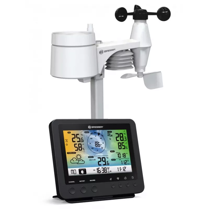 Bresser 7002580 Weather Center 5-in-1 estación meteorológica digital Wi-Fi con sensor profesional, pantalla de 5,7″, alimentación por red, negra