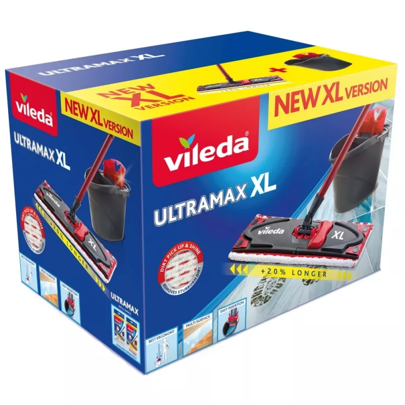 Fregona VILEDA Ultramax XL Box — cabezal giratorio de microfibra 360° lavable, plegable, para suelos duros