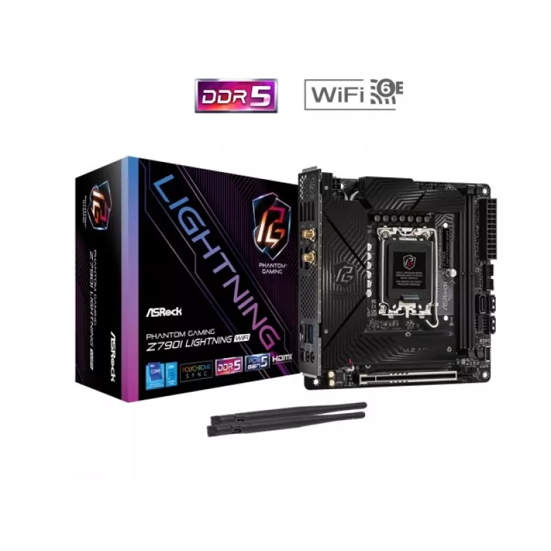 Placa base ASRock Z790I LIGHTNING WIFI — Intel Z790, LGA 1700, Mini-ITX, DDR5 hasta 8600 MHz, 2x DIMM, Wi‑Fi 6E, 2.5Gb LAN, 2x M.2