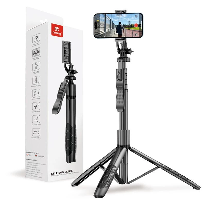 Palo selfie con trípode Crong CRGSGU1BLK aluminio Bluetooth con patas plegables y soporte para móvil