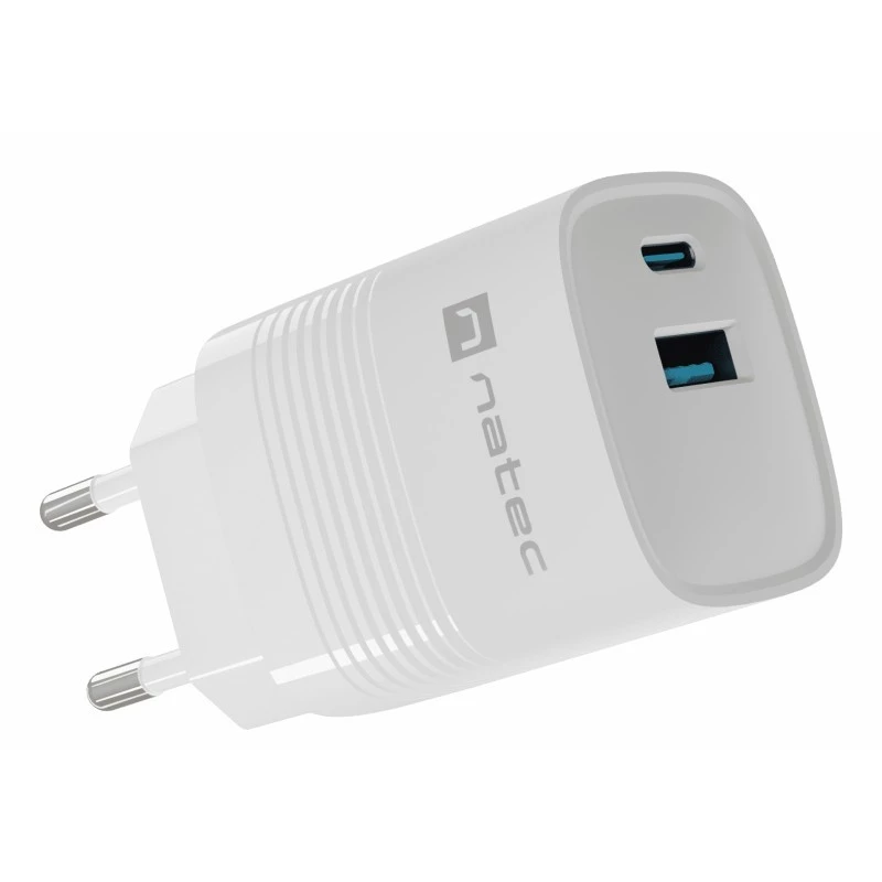 Cargador con cable para dispositivos móviles NATEC NUC-2140, 30W, USB-C PD 3.0 + USB-A, Samsung AFC, blanco