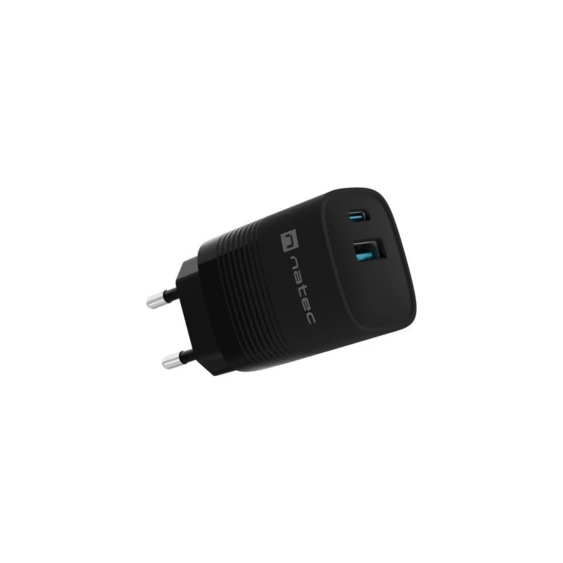 Cargador con cable para dispositivos móviles NATEC NUC-2141, 30W, USB-C PD 3.0 + USB-A QC 3.0, 110–240V, negro