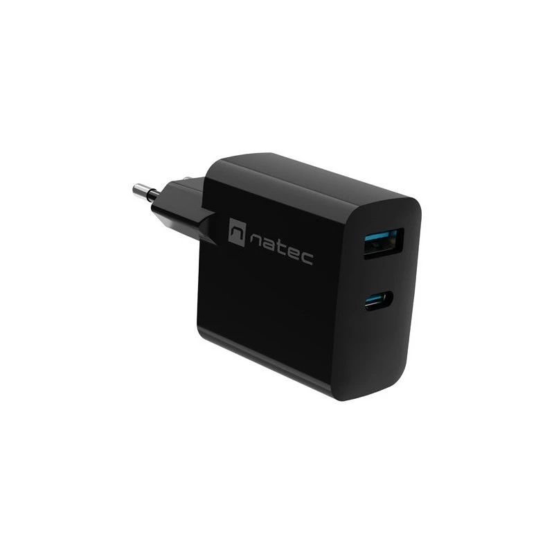 Cargador con cable para dispositivos móviles NATEC NUC-2143, 45 W, USB-C PD 3.0 + USB-A QC 3.0, 110–240 V, negro
