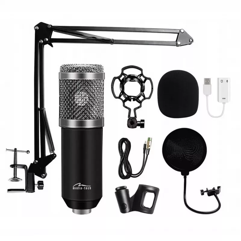 Micrófono para PC MEDIA-TECH MT397S — con cable, entrada XLR, 20–20000 Hz, 150 Ω, -32 dB, cable de 2,4 m, soporte de mesa, negro