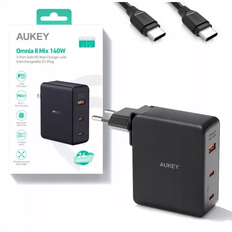 Cargador de pared Aukey PA-B7O, 3×USB, tecnología GaN