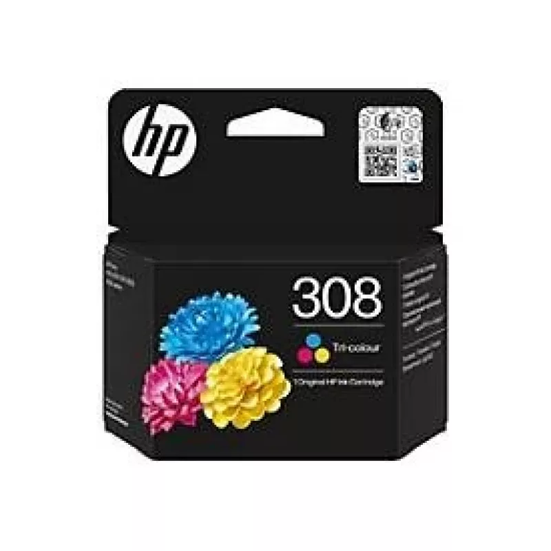 HP 308 cartucho de tinta original, 3 colores, rendimiento estándar, cian, magenta, amarillo, tinta de colorante, 1 ud., 120 páginas, pack combinado