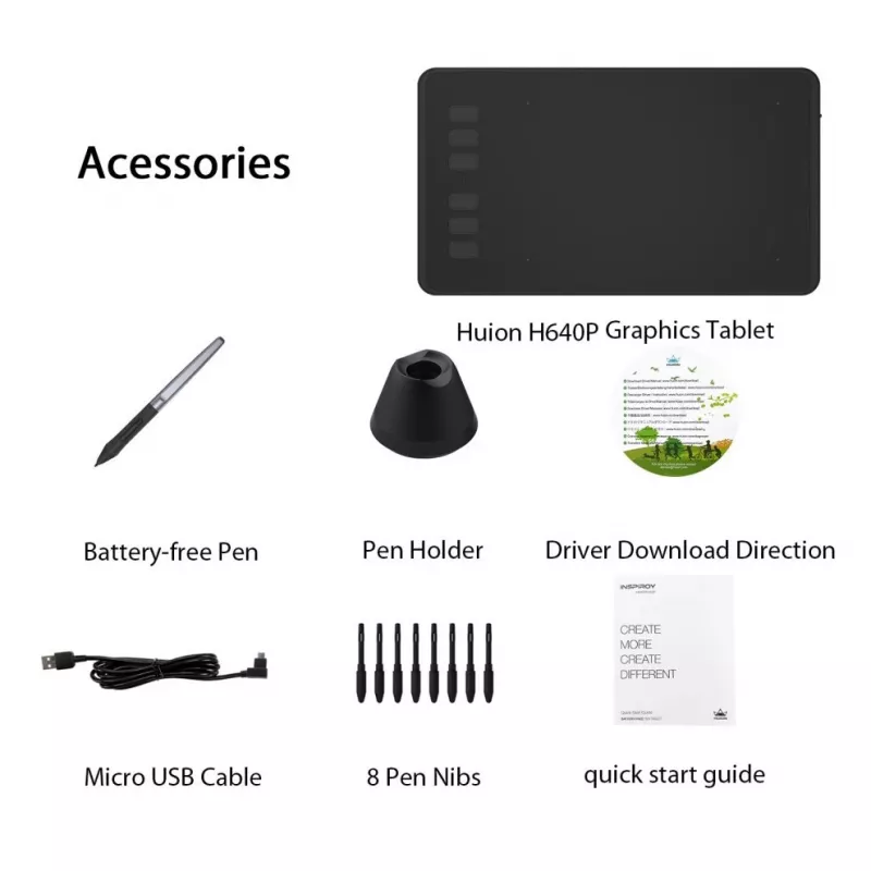 HUION H640P tableta gráfica 5080 lpi 160 x 99 mm USB negra
