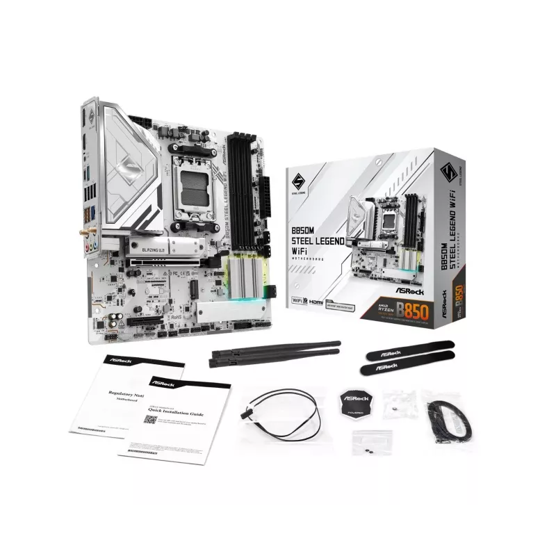 Placa base ASRock B850M Steel Legend WiFi — AMD B850, socket AM5, microATX, DDR5, 4 DIMM, Wi-Fi 7, 2.5Gb LAN
